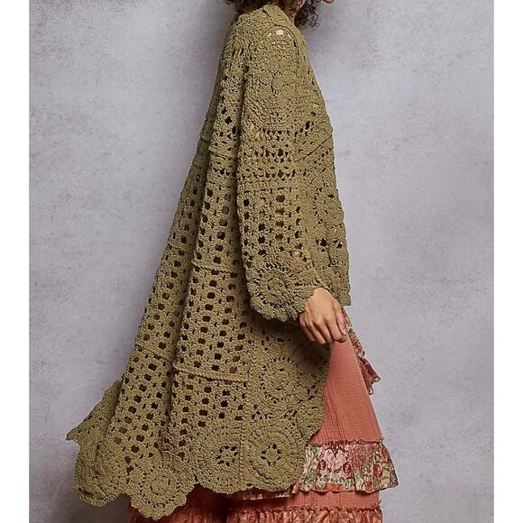 POL Boho Weave Crochet Pullover Sweater Olive NEW - Picture 4 of 5